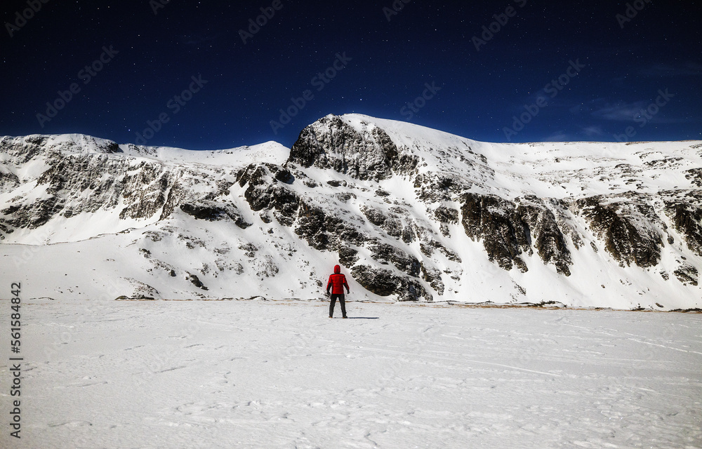 Man and mountain . Winter season in Rila mountain.