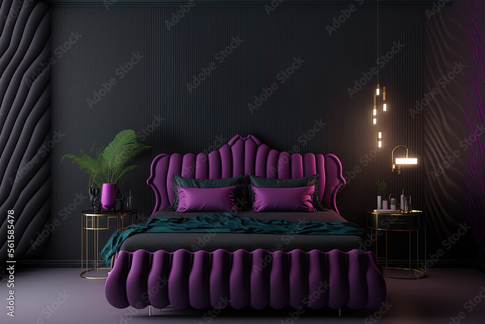 Luxury bedroom in dark color. Black walls, premium furniture panton viva magenta 2023 color bed. Emp