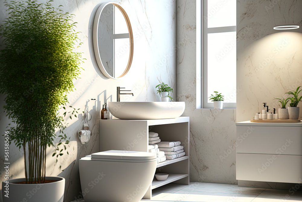 Realistic interior modern bathroom, vanity unit with LED round mirror, White porcelain ceramics wash