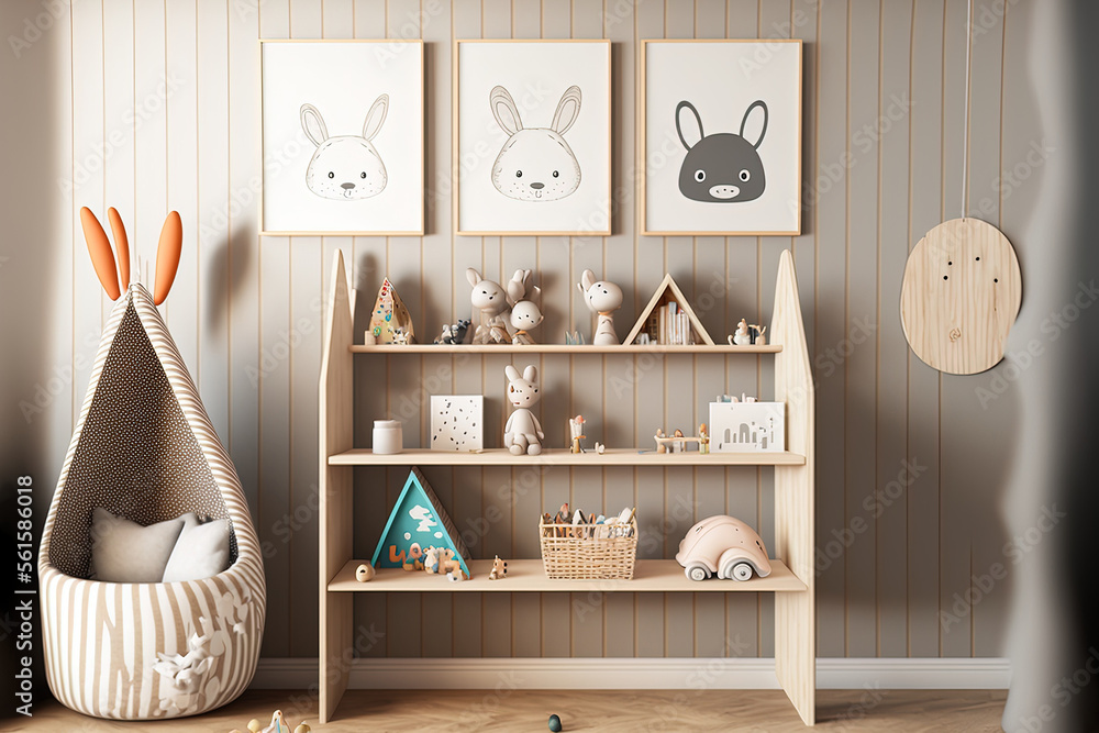 Childrens room mockup wall on a wooden shelf,. Generative AI