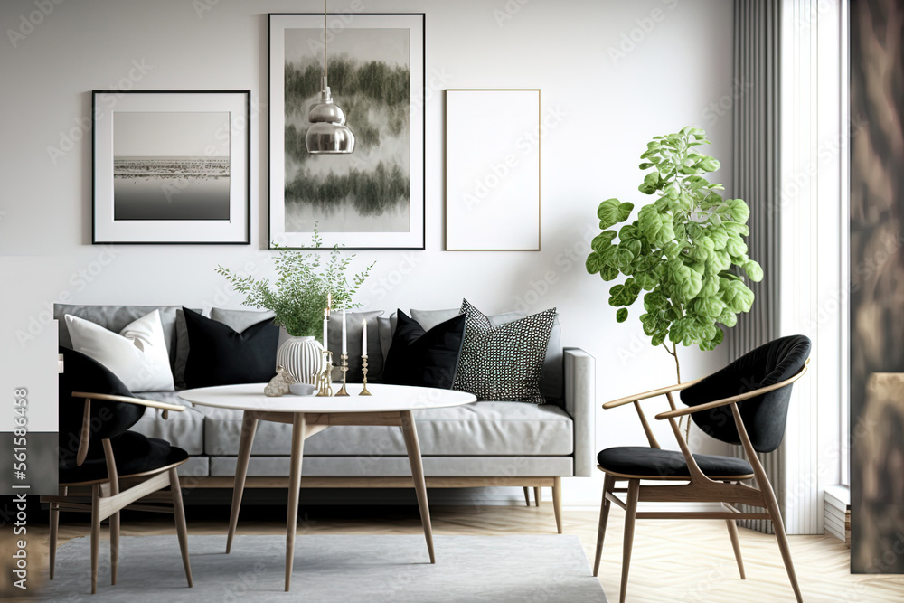 Scandinavian living and dining area in modern apartment interior with elegant furnitures décor and 