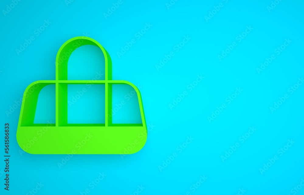 Green Sport bag icon isolated on blue background. Minimalism concept. 3D render illustration