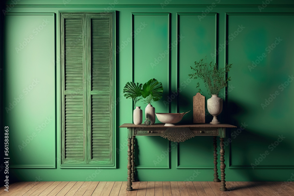 Interior design of an empty room with a wooden table top, cabinet, panel, or shelf that has shutters