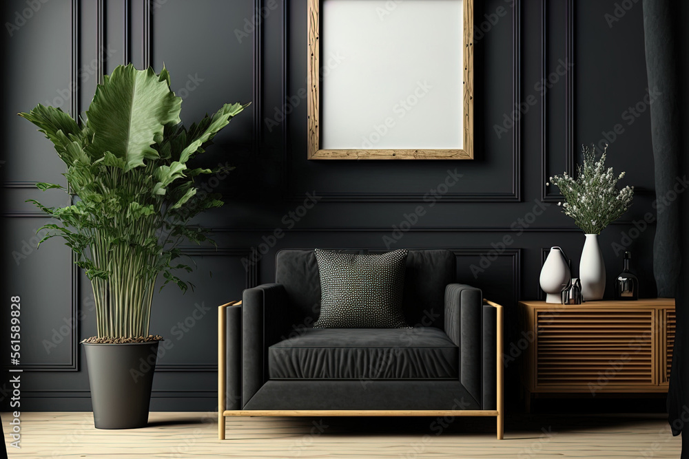 Black interior of living room with wooden couch, coffee table with vase and books, and armchair. Bla