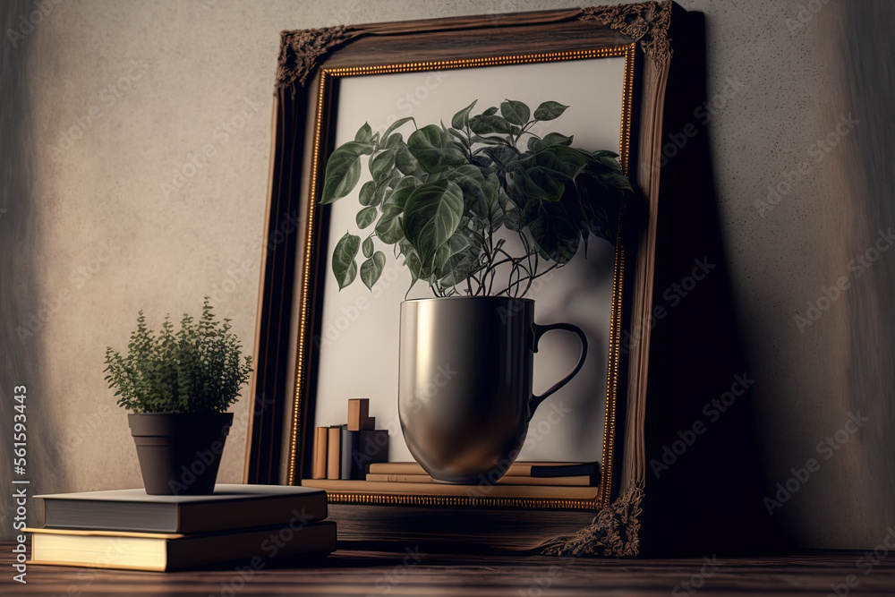 mock up of a portrait picture frame with a plant, an old book, and a table. Generative AI