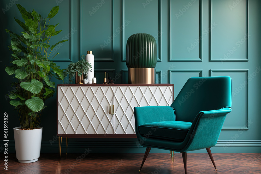 mockup of a luxury living room with a modern mid century décor and a green wall with a blue armchair