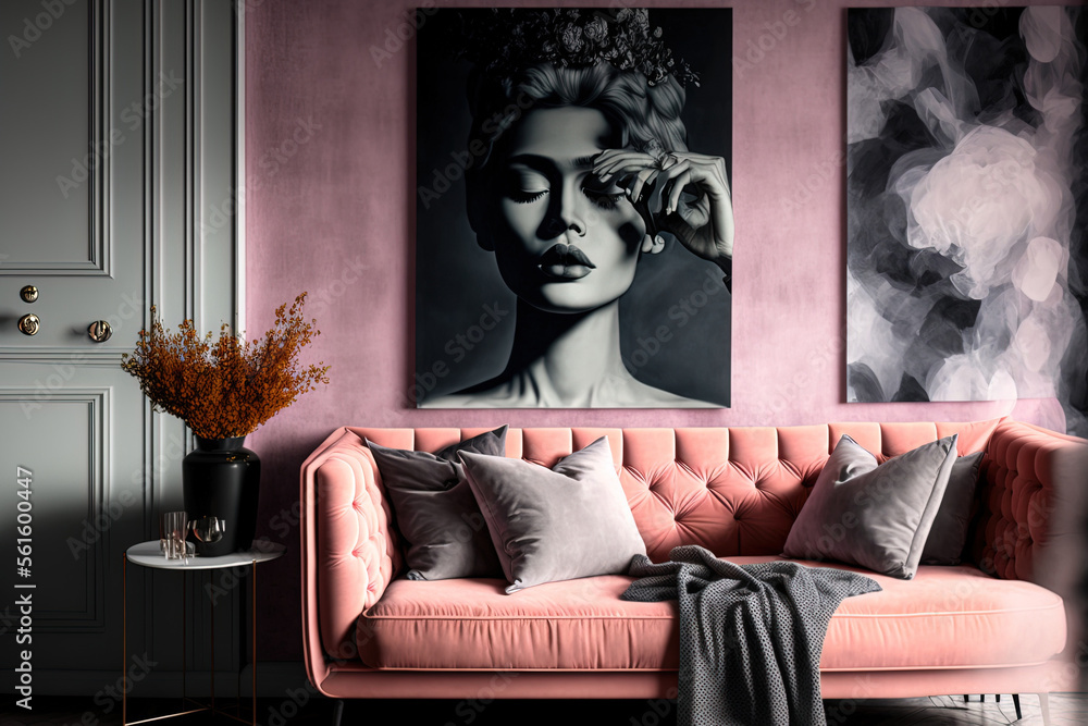 Interior of living room with pink wall backdrop and grey velvet sofa. Generative AI