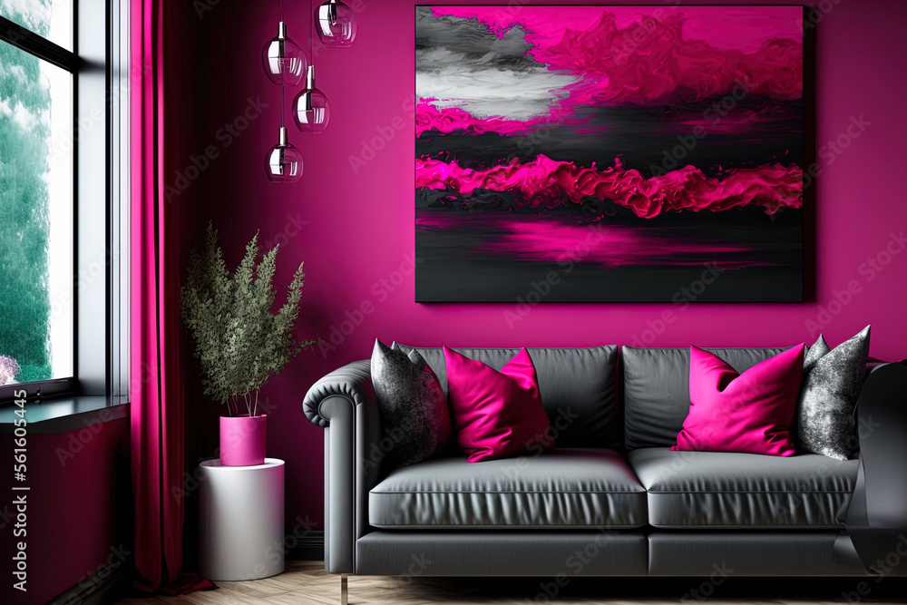 Livingroom in trend viva magenta color 2023 year. A bright wall accent paint background. Crimson, bu