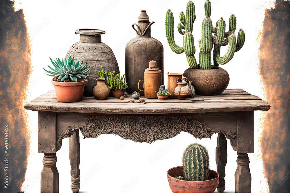 old table with cacti in clay jars on a white background. Generative AI