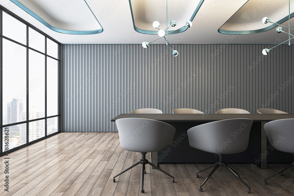 Front view on stylish dark conference table surrounded by chairs on wooden floor in empty spacious m