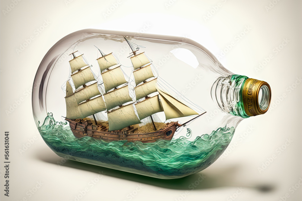 An unusual illustration of an antique sailboat, captured in a distorted glass bottle on a white back