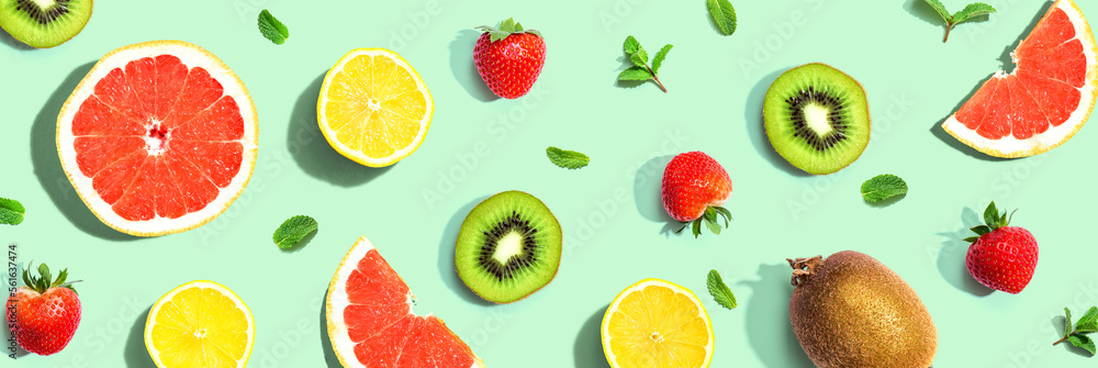 Collection of mixed fruits overhead view flat lay