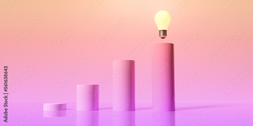 Idea light bulbs on the podiums -3D render