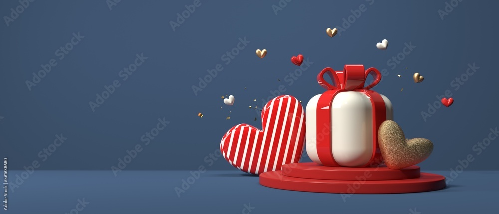 Hearts and a gift box - Appreciation and love theme - 3D render