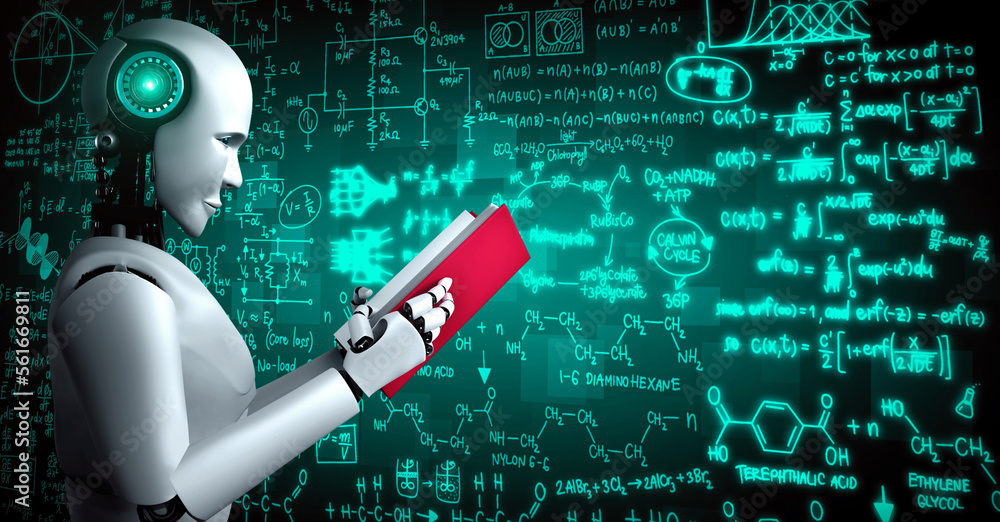 3D rendering of robot hominoid reading book and solving math data analytics in concept of future mat