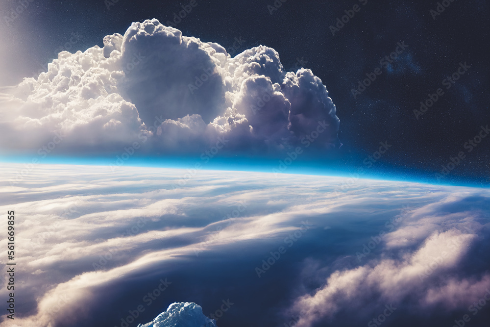 Splendid background cloudscape above the earths atmosphere in the stratosphere, with a galaxy and b