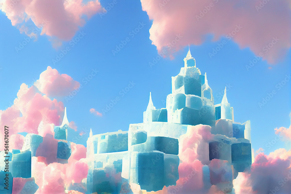 Splendid ice floating castle for fairy tale princess in the sky kingdom with beautiful cloudscape in