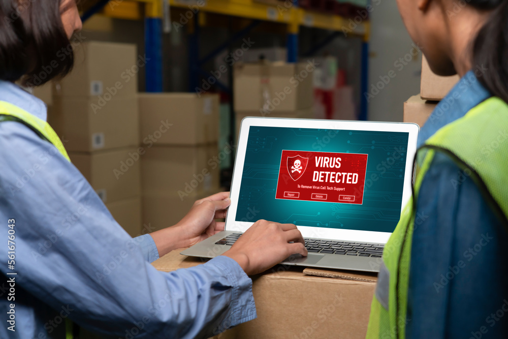 Computer with green screen display in warehouse storage room . Delivery and transportation software 