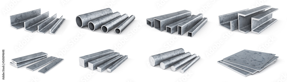 Set of rolled metal isolated on a white background. 3d illustration