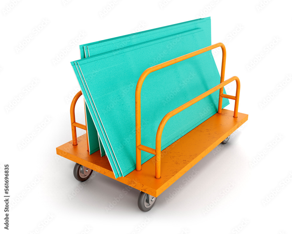 Gypsum boards on an orange trolley for long loads, isolated on white background, 3d illustration