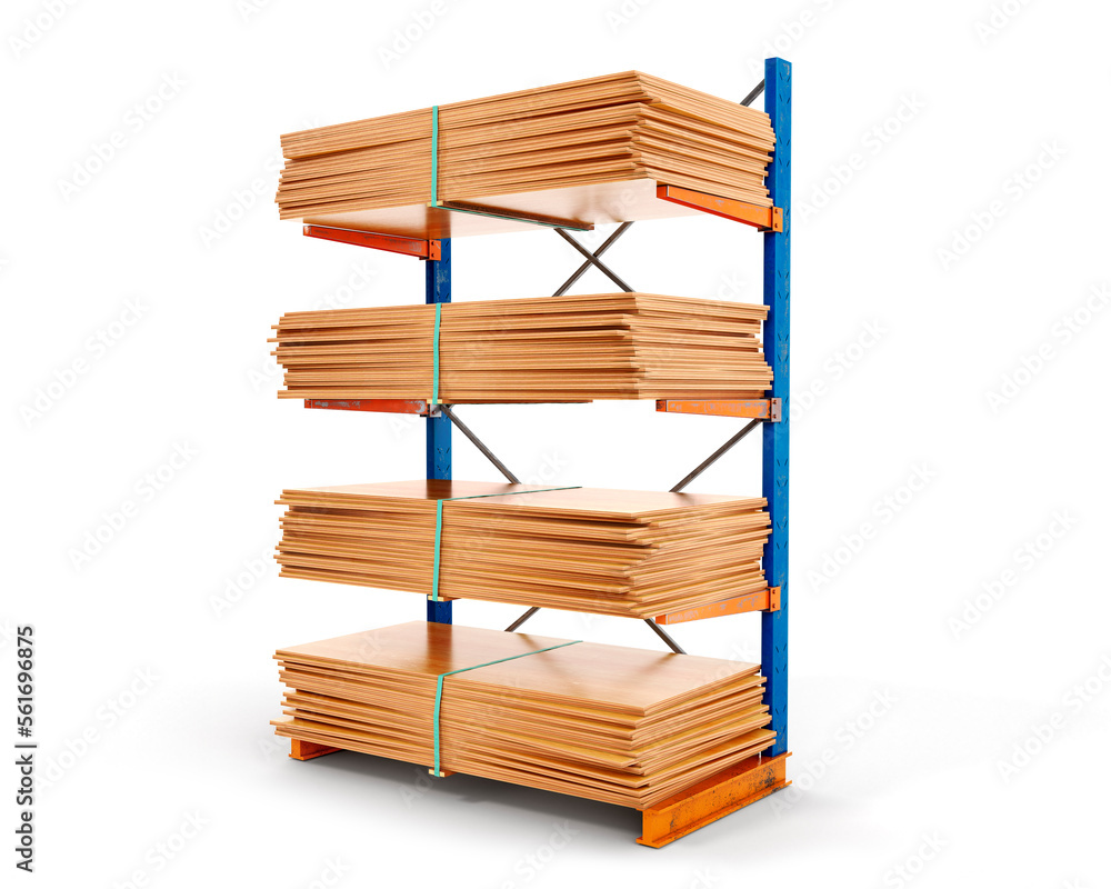 Piles of plywood sheets are laid on a warehouse rack, isolated on white background, 3d illustration