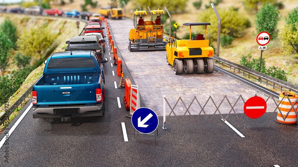 Road works on a country road caused a large traffic jam with a long queue of cars that is stretching