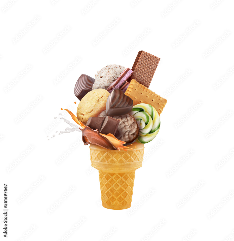 Cookies with sweets and chocolate in a waffle cone. Splash of caramel.