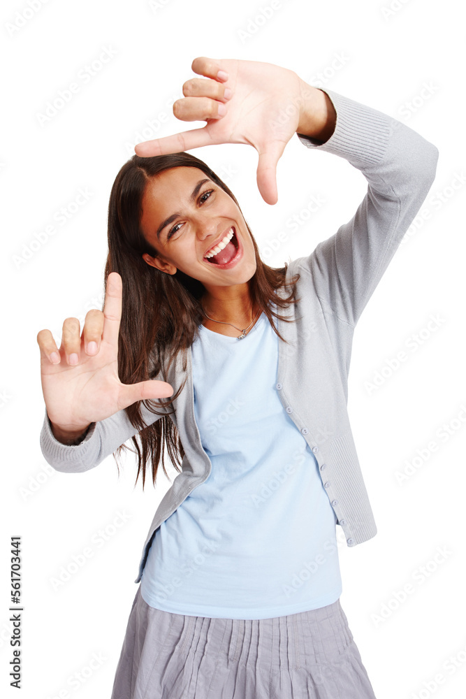 Hands, frame and studio portrait of businesswoman isolated on white background for profile picture. 