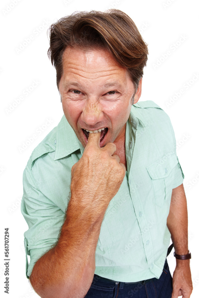 Portrait, gross and nausea with a man model in studio isolated on a white background feeling ill or 