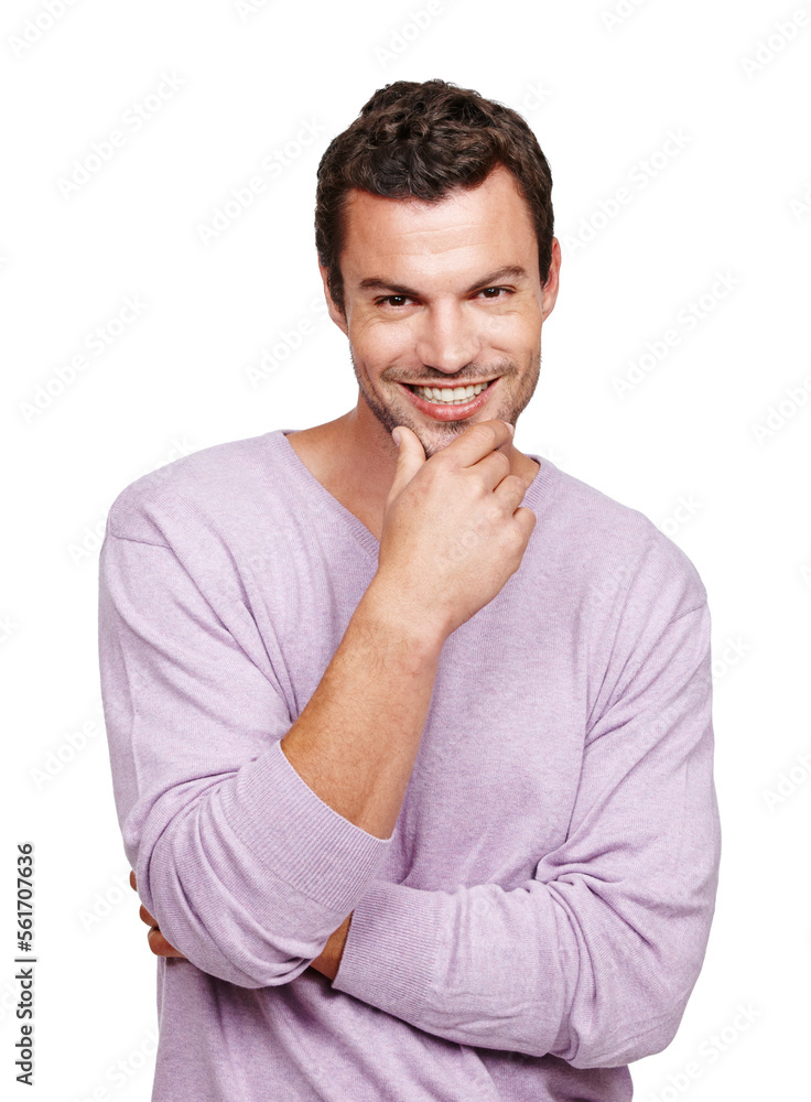 Portrait, fashion and smile with a man model in studio isolated on a white background for marketing.