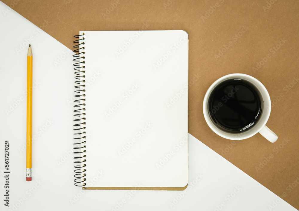 Blank notepad, coffee cup and pencil, flat lay.