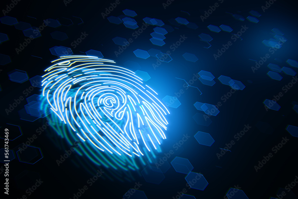 Cyber security and biometric data concept with perspective view on digital human illuminated fingerp