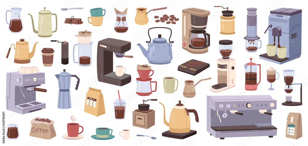 Equipment and machinery for brewing and preparing coffee isolated icons set. Isolated cezve and bean