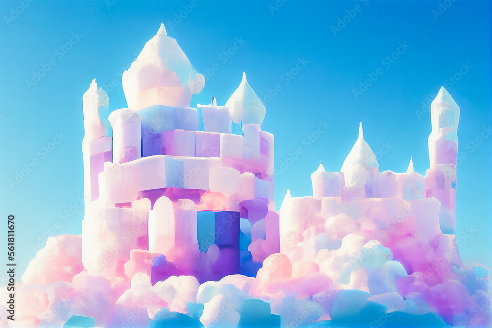 Splendid ice floating castle for fairy tale princess in the sky kingdom with beautiful cloudscape in