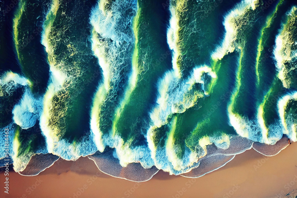 Spectacular top view from drone photo of beautiful beach with relaxing sunlight, sea water waves pou