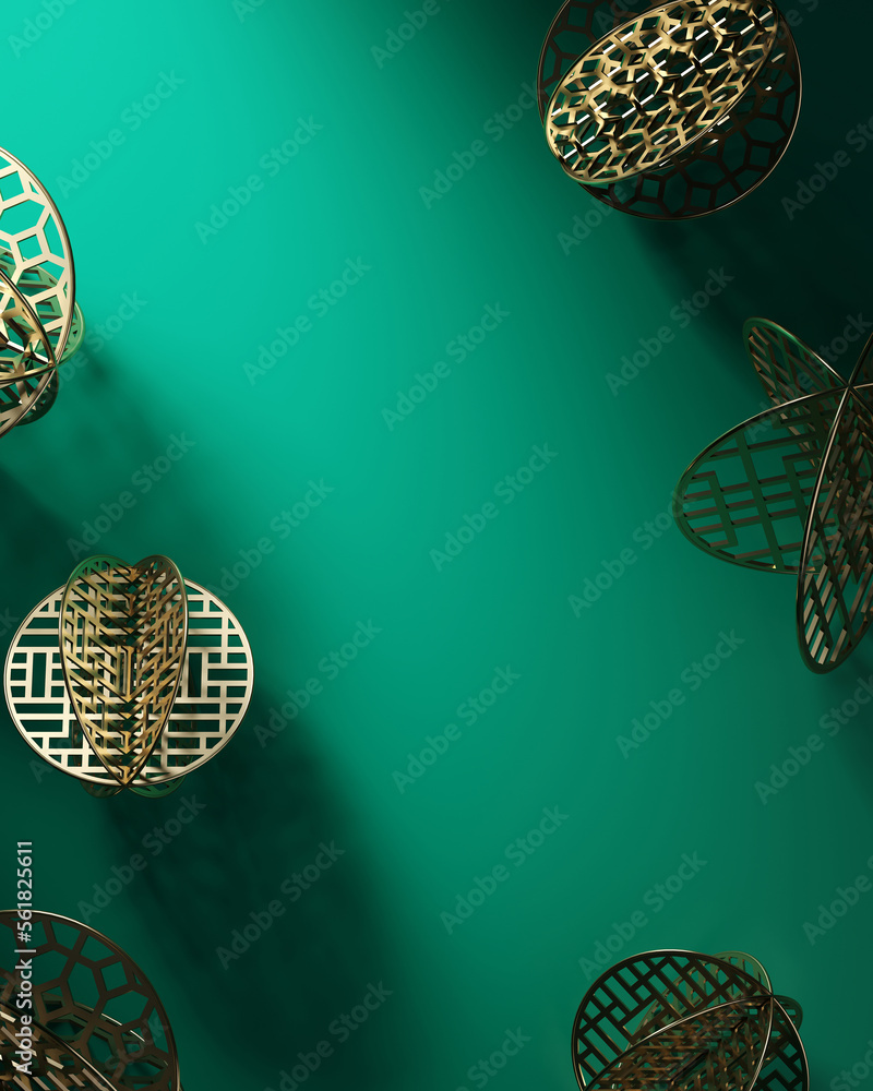 Golden Chinese paper cut on green background. Decoration for Chinese new year. 3d render illustratio