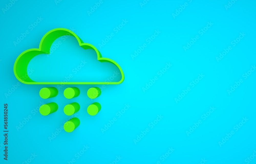 Green Cloud with rain icon isolated on blue background. Rain cloud precipitation with rain drops. Mi