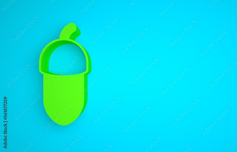 Green Acorn icon isolated on blue background. Minimalism concept. 3D render illustration