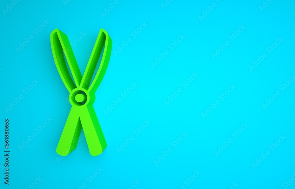 Green Gardening handmade scissors for trimming icon isolated on blue background. Pruning shears with