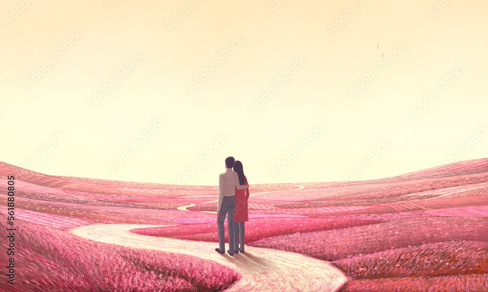 Couple in love in fantasy pink nature landscape. Concept art of wedding, and Valentines day. Concep