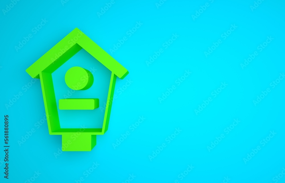 Green Bird house icon isolated on blue background. Nesting box birdhouse, homemade building for bird