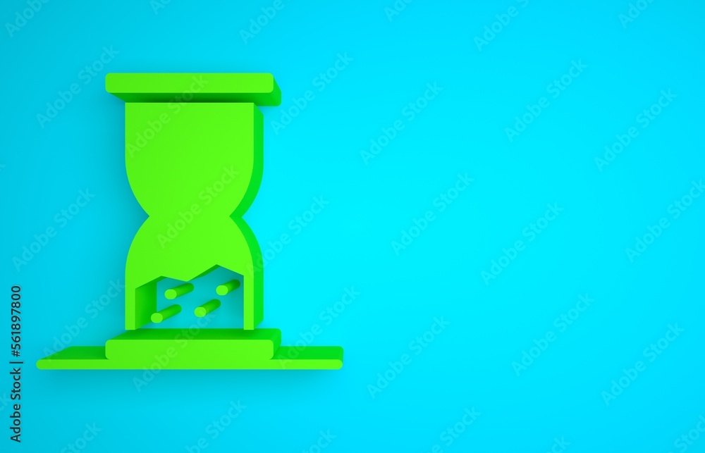 Green Old hourglass with flowing sand icon isolated on blue background. Sand clock sign. Business an