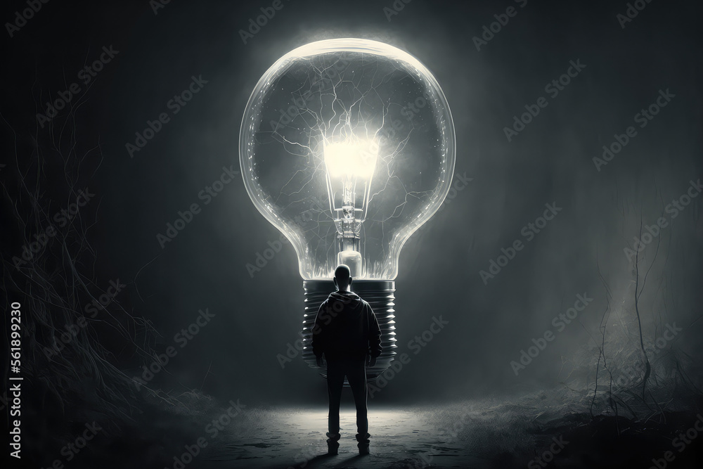 Black and white of a man standing on a step in front of a huge light bulb, concept of having an idea