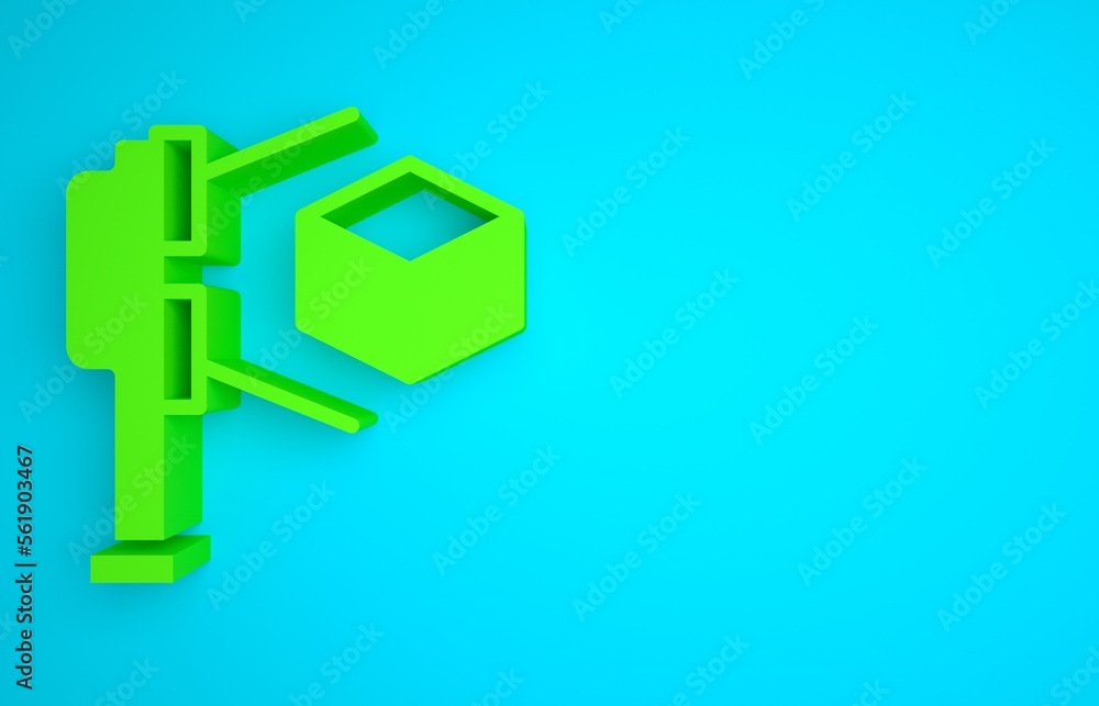 Green 3D scanner with cube projection icon isolated on blue background. Minimalism concept. 3D rende