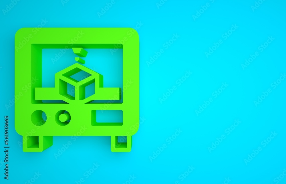 Green 3D printer icon isolated on blue background. 3d printing. Minimalism concept. 3D render illust