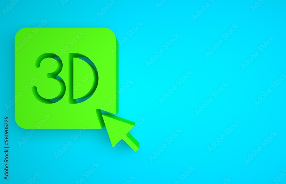 Green 3D printer icon isolated on blue background. 3d printing. Minimalism concept. 3D render illust