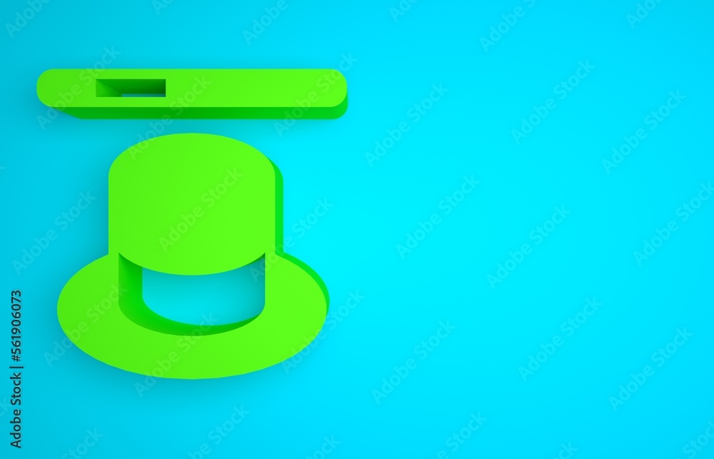 Green Magic hat and wand icon isolated on blue background. Magic trick. Mystery entertainment concep