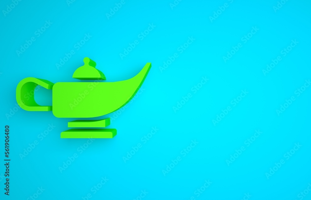 Green Magic lamp or Aladdin lamp icon isolated on blue background. Spiritual lamp for wish. Minimali