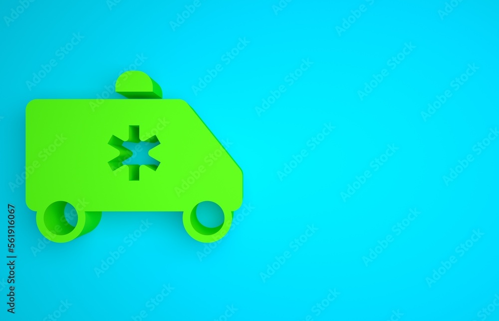 Green Ambulance and emergency car icon isolated on blue background. Ambulance vehicle medical evacua