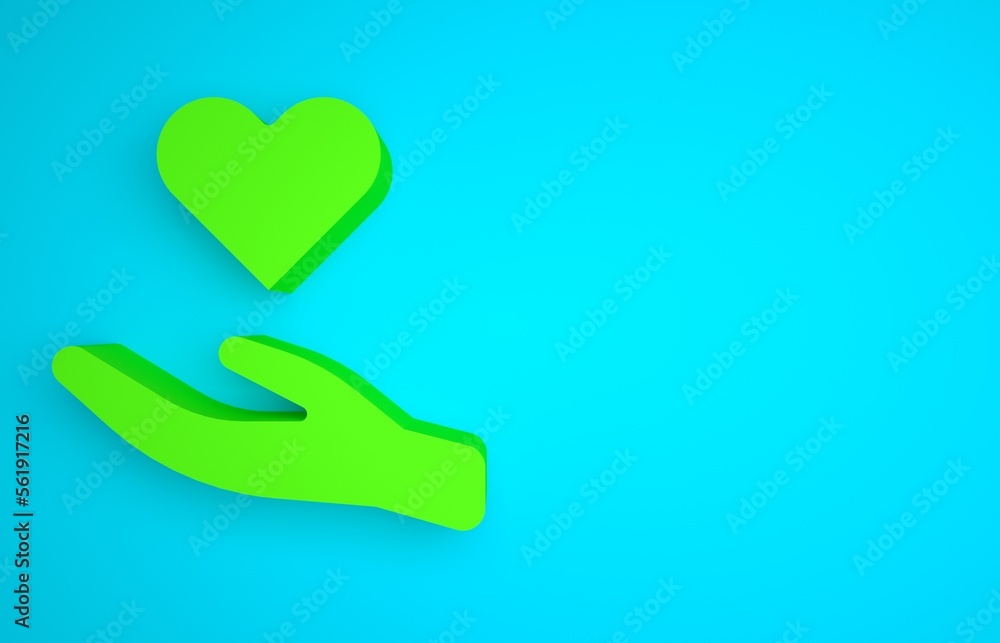 Green Heart in hand icon isolated on blue background. Hand giving love symbol. Valentines day symbol